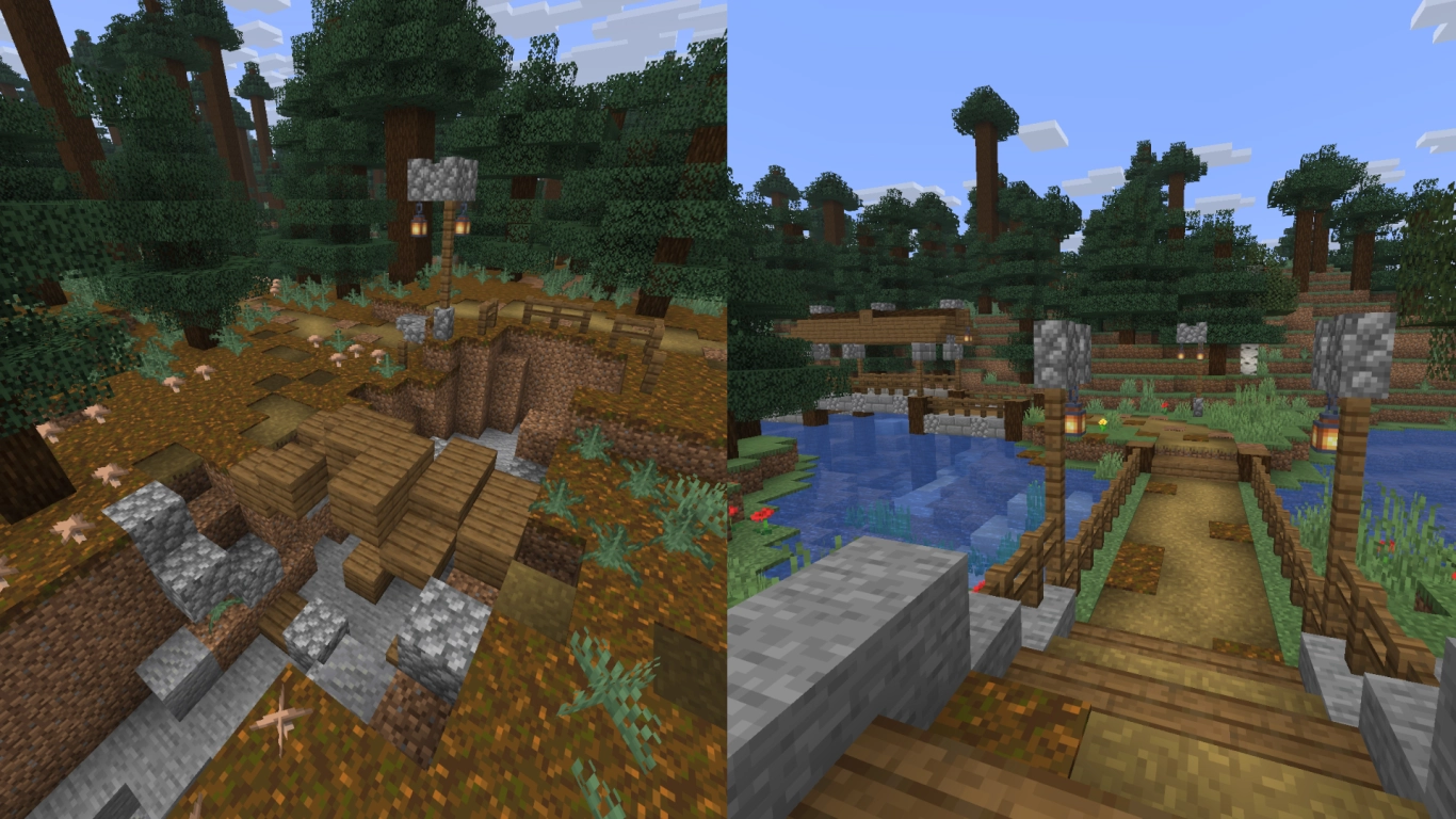 Roads, paths, and walls visualizing trade and conflict in Minecraft