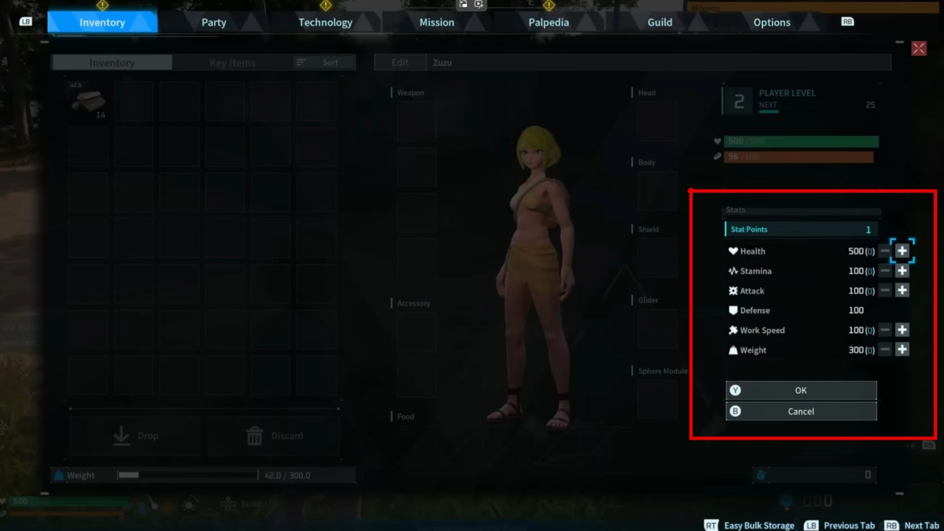 Allocate attributes Health Weight and Stamina in Palworld