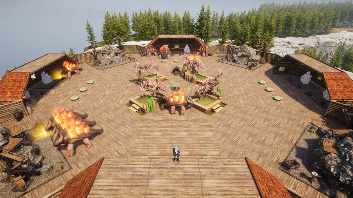 Palworld resource base in a circular layout with mining, beds, feed, and a hot spring