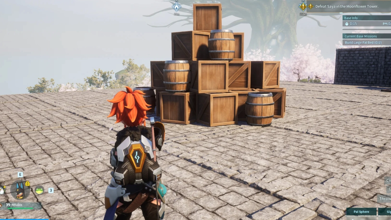 Palworld storage base with a central Guild Chest and sorted resource storage for efficient logistics