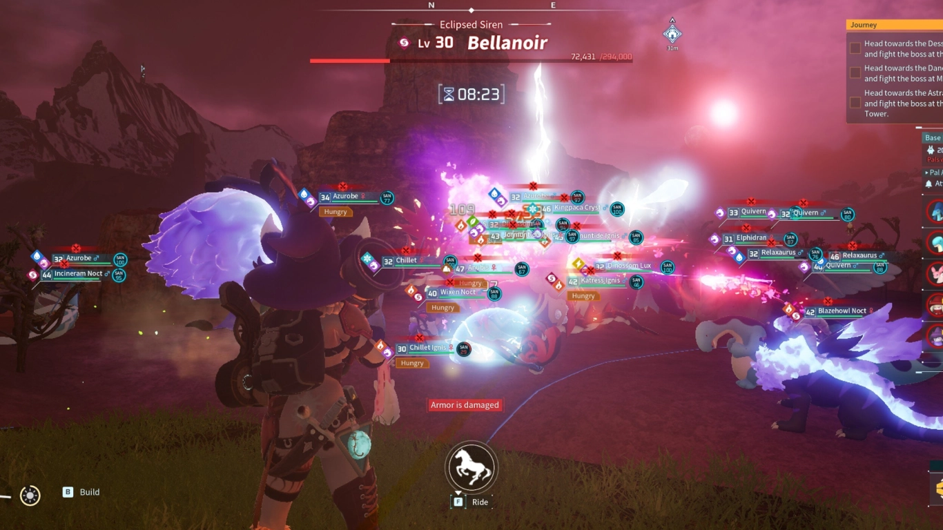 Palworld raid-boss base with defenses, powerful Pals, and terrain prepared for boss fights