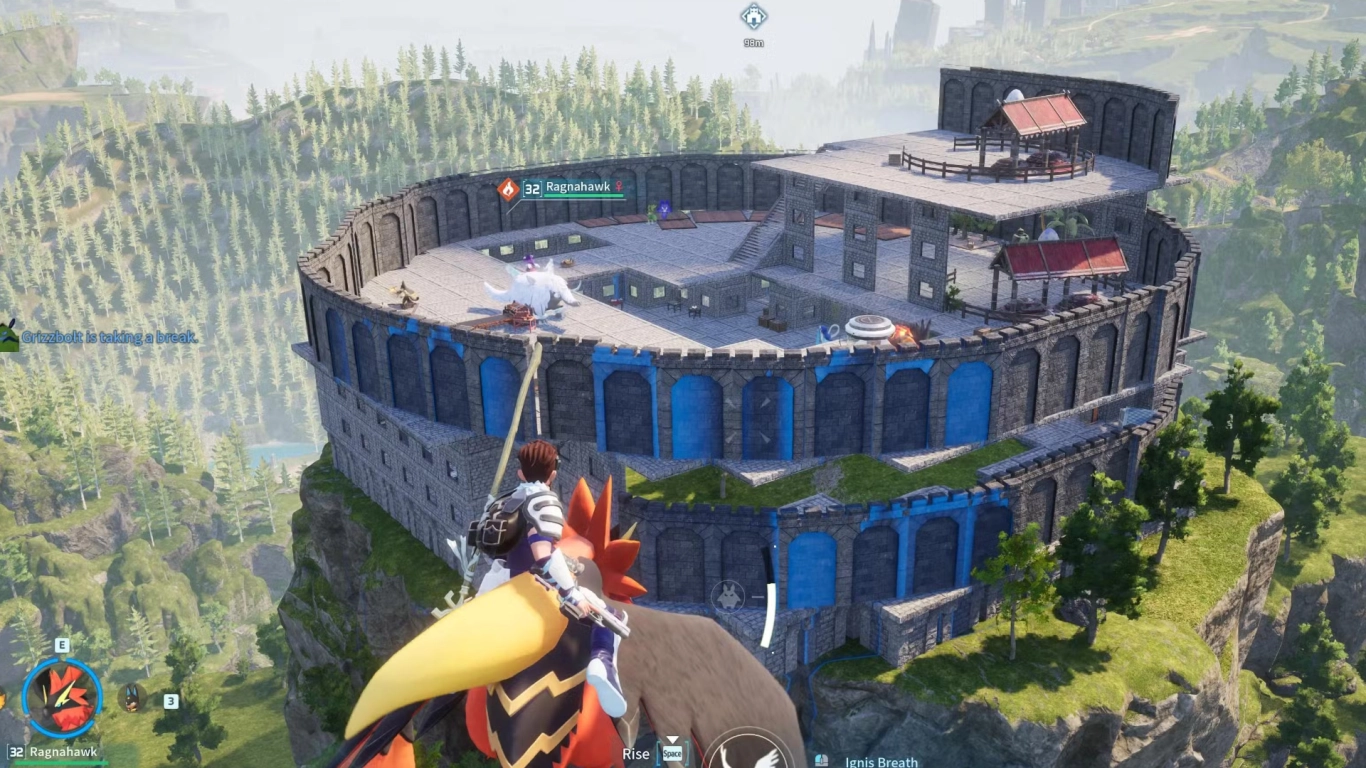 Palworld base built vertically with multiple floors and sloped roofs for efficient base building