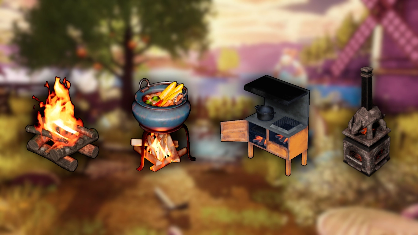 Palworld cooking stations: Campfire, Cooking Pot, Electric Kitchen, and Large Kitchen