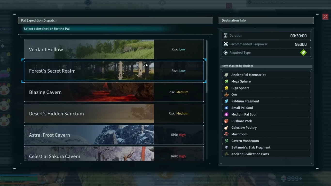 Palworld Expedition Center menu showing duration, risk, and rewards
