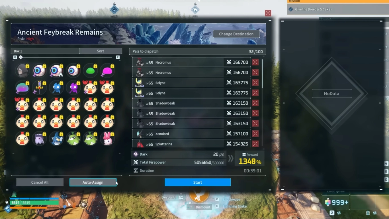 Palworld expedition team selection with Pals and recommended combat power