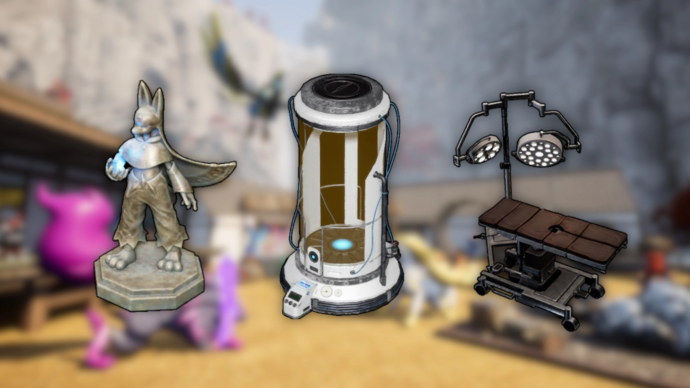 Palworld machines: Statue of Power, Pal Essence Condenser, and Surgery Table in action