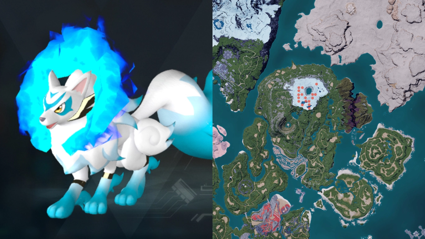 Kitsun at night on Frostbound Mountain in Palworld