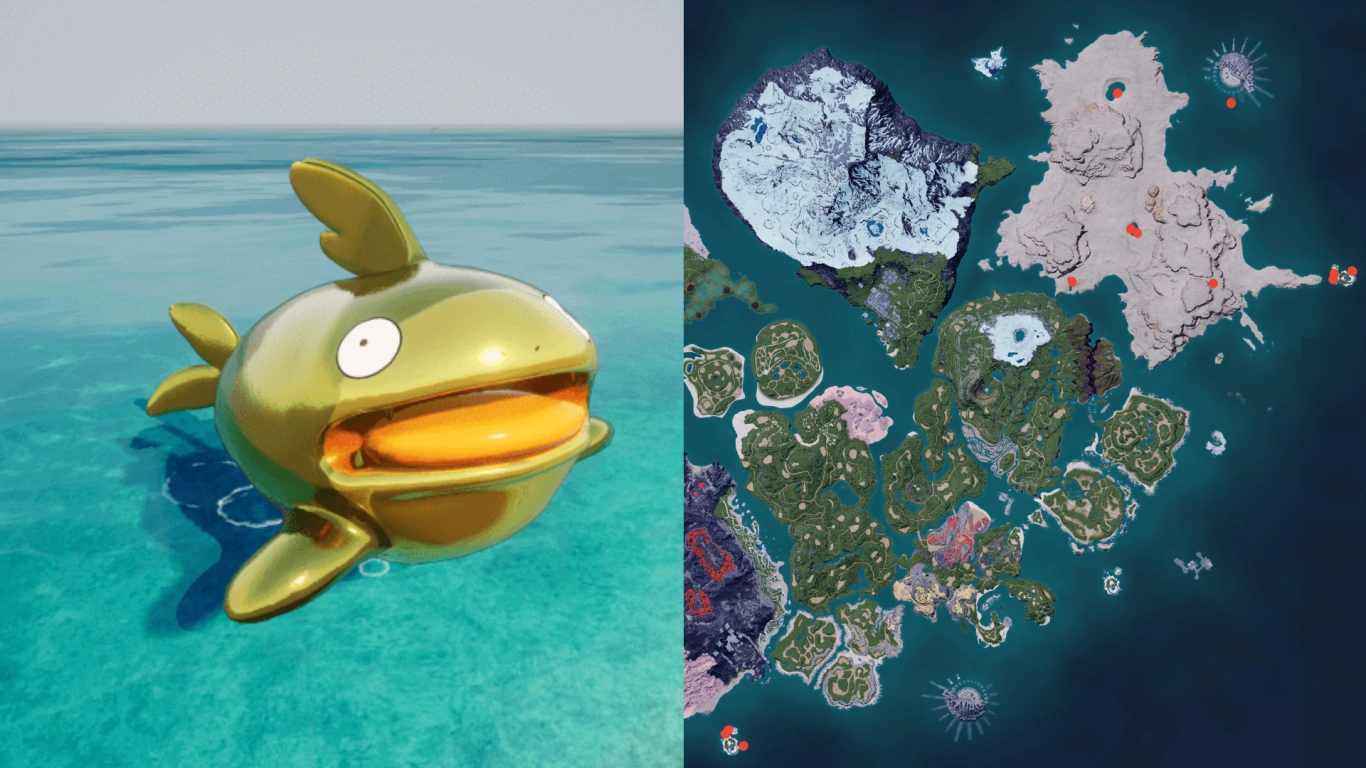 Dumud Gild, the golden variant, while fishing in freshwater in Palworld