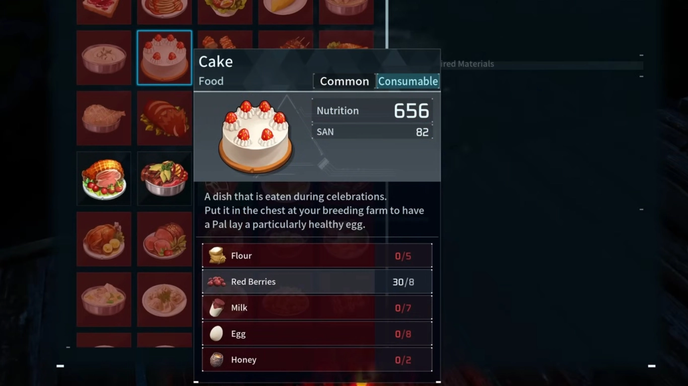 Make cake for Palworld breeding with berries, flour, eggs, milk, and honey