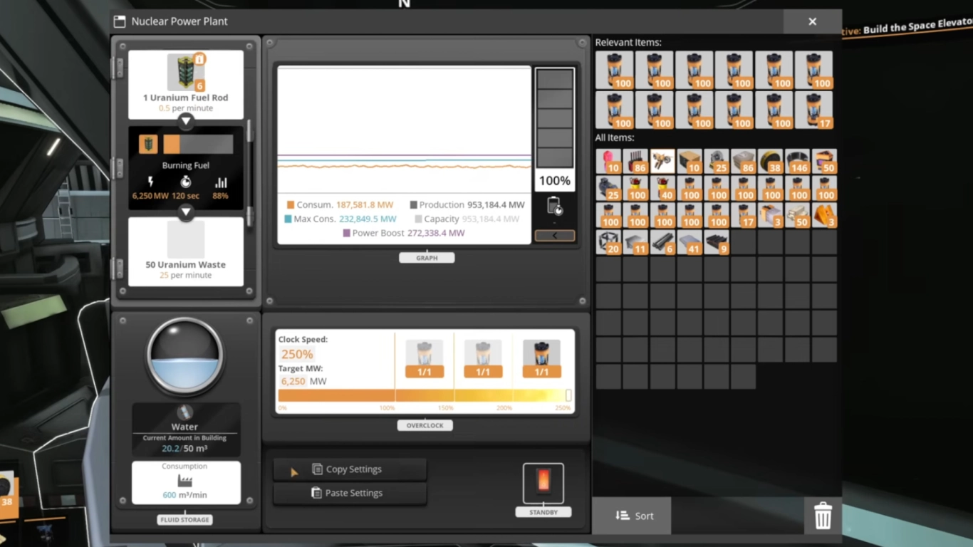 Satisfactory nuclear power plant: setup, water demand, and nuclear fuels
