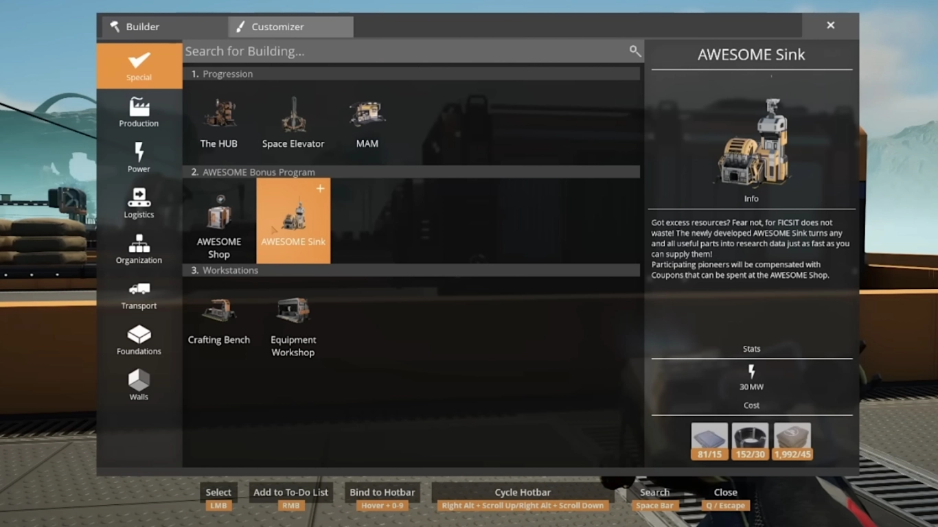 Build the AWESOME Sink in Satisfactory – construction costs and power requirements