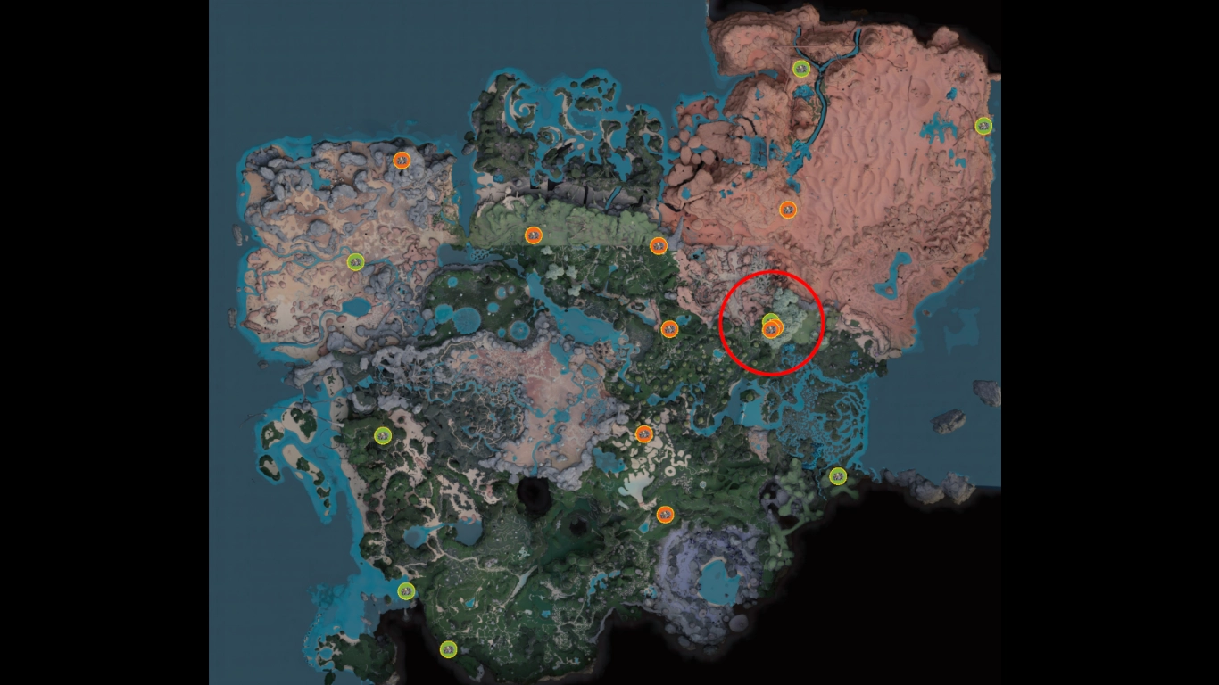 Satisfactory map with Caterium deposits and the Titan Forest as a hotspot