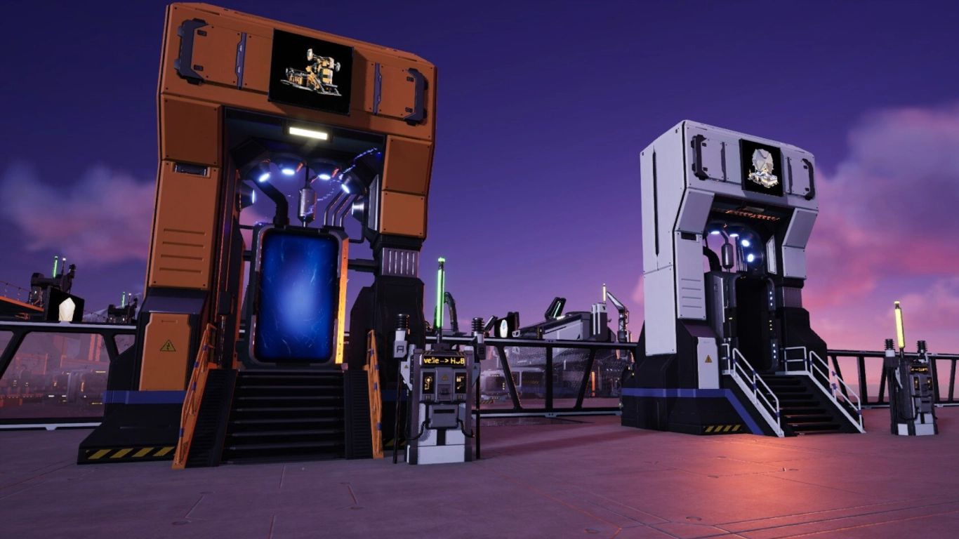 Portals in Satisfactory with Singularity Cell and Warp Drive for teleportation