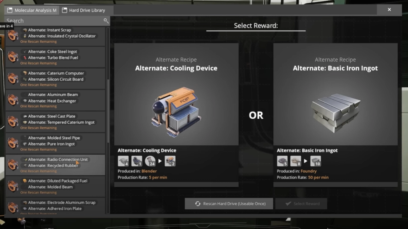 Choosing hard-drive recipes strategically in Satisfactory