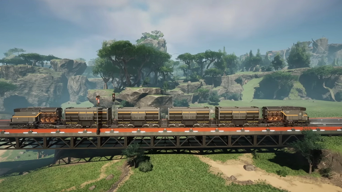 Components of a Satisfactory rail line: locomotive, freight car, station, and signals