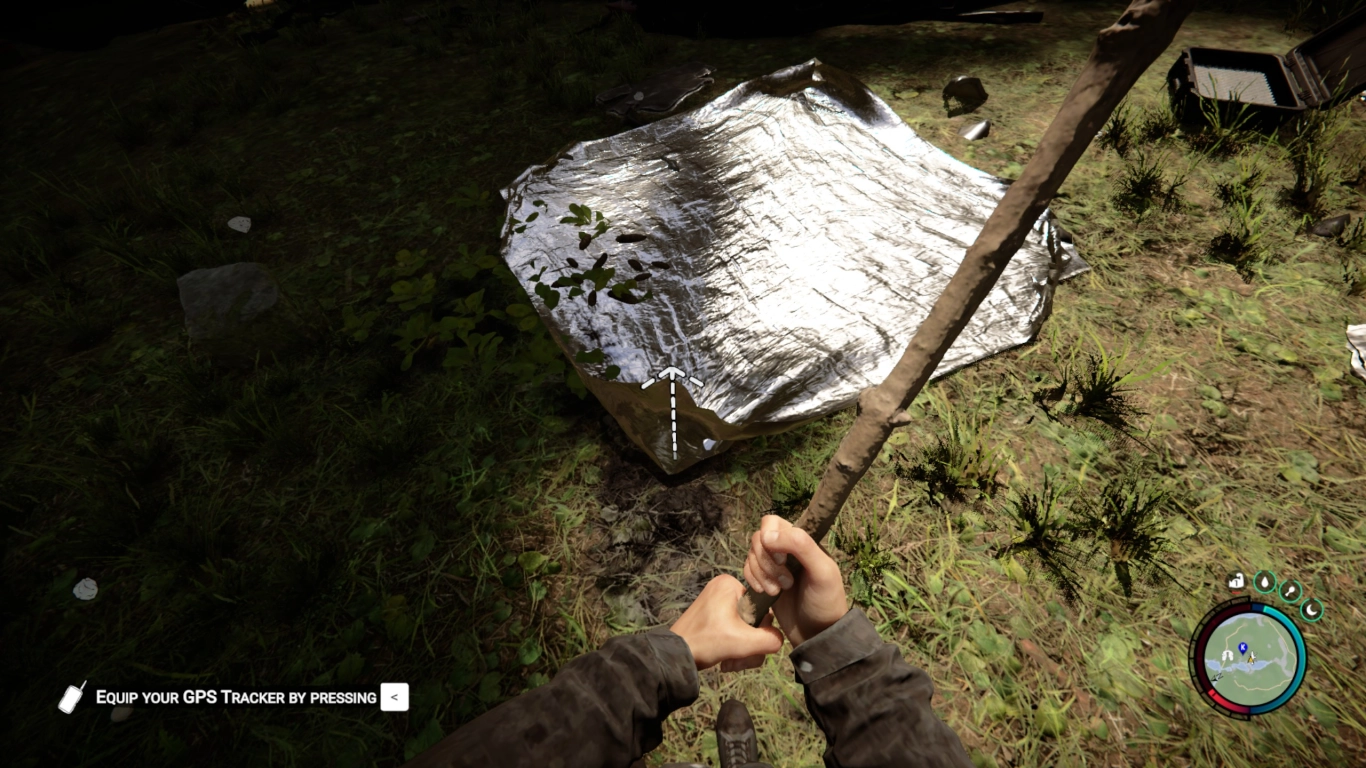 Makeshift shelter with tarp and stick plus expanded log storage