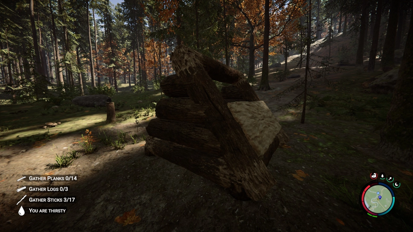 Build narrow roofs in Sons of the Forest with halved and quartered logs