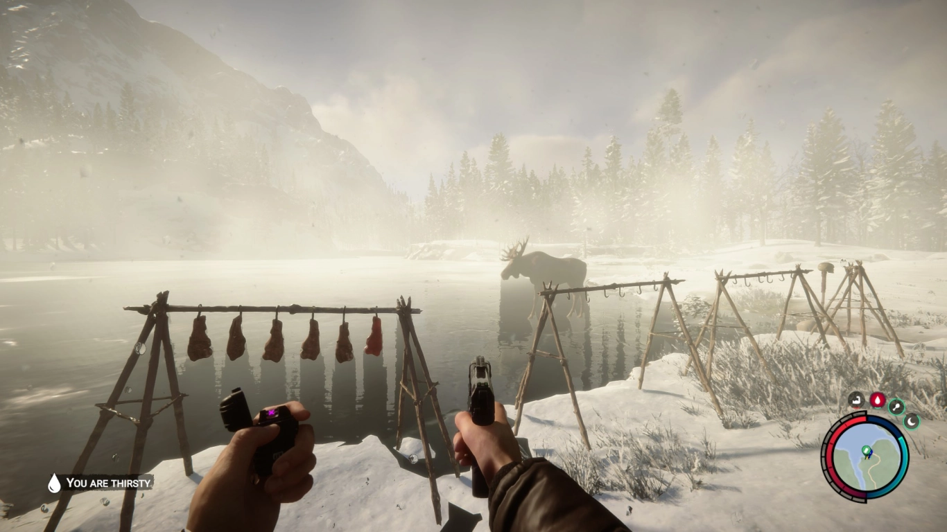 Sons of the Forest base building in winter on a frozen lake