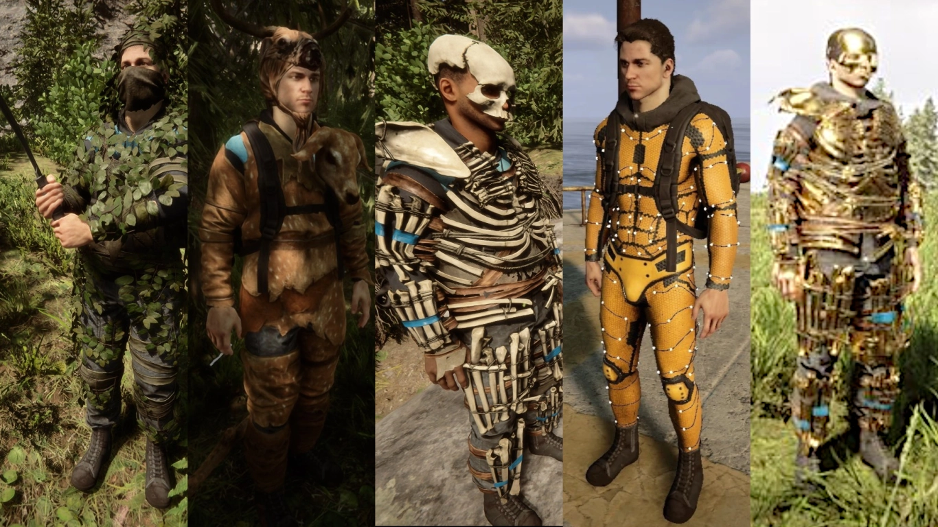 Craftable armor in Sons of the Forest: Leaf, Hide, Bone, and Tech armor with crafting recipes