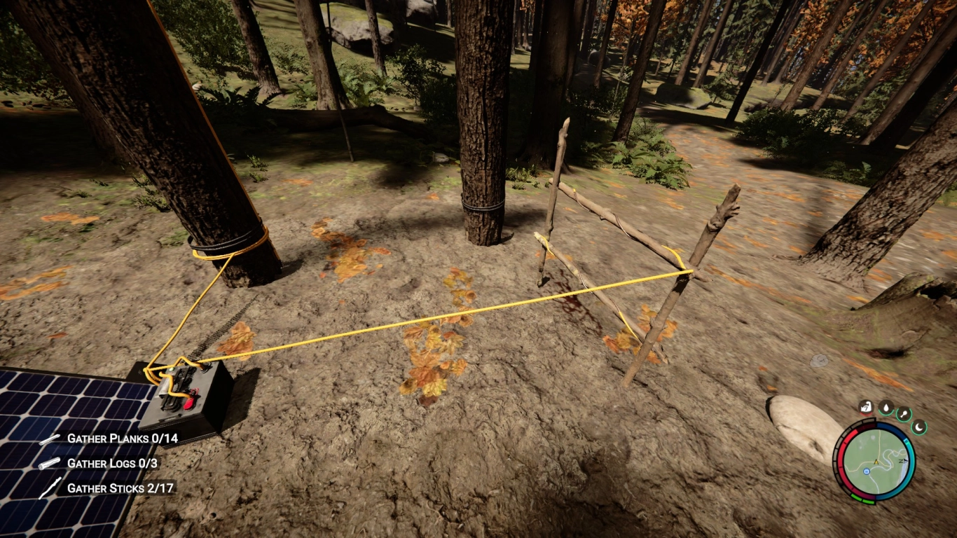 Electric fence – wire wrapped around sticks, blue sparks when powered